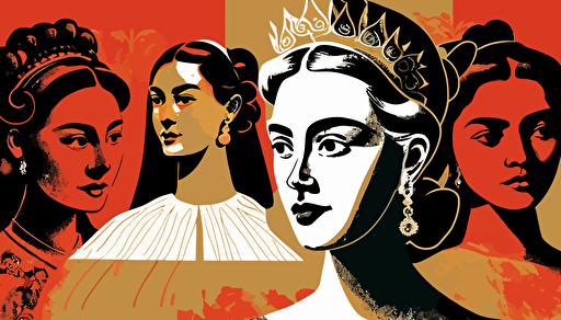vector design with Isabella I of Castile, evita perón, clara campoamor and Frida Kahlo, epic style, sunset colours,