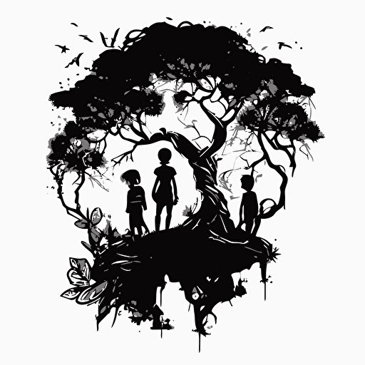 Two little boys and a little girl trapped on top of a tree. Black and White vector image