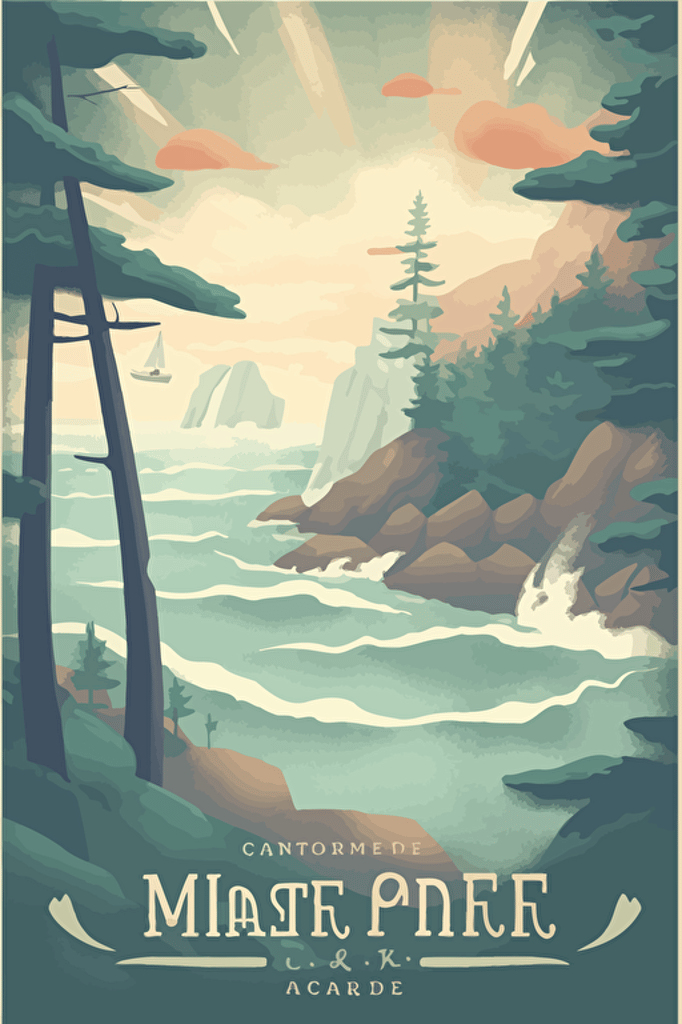 A nostalgic travel illustration depicting the maine Coast (content: idyllic forested rugged seashore scene, tall pines, azure ocean waters) with crashing surf (medium: digital vector art)(style: reminiscent of mid-century modern travel advertisements)(lighting: soft, warm sunlight, creating a welcoming atmosphere)(colors: a harmonious palette of pastel blues, greens, and reds lending a retro charm to the design)(composition: shot from a high vantage point with a standard lens, showcasing the coast's striking landscape, with a bridge crossing a river as it empties into the ocean and the sea forming a calm backdrop).