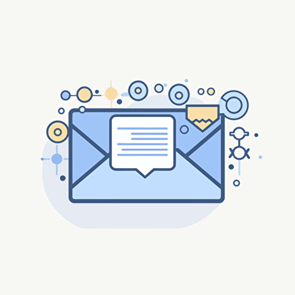 Depict a visualization of a cold email message. flat style illustration for business ideas, flat design vector, industrial, light color pallet using a limited color pallet, high resolution, engineering/ construction and design, colored cartoon style, light indigo and light gold, cad( computer aided design) , white background