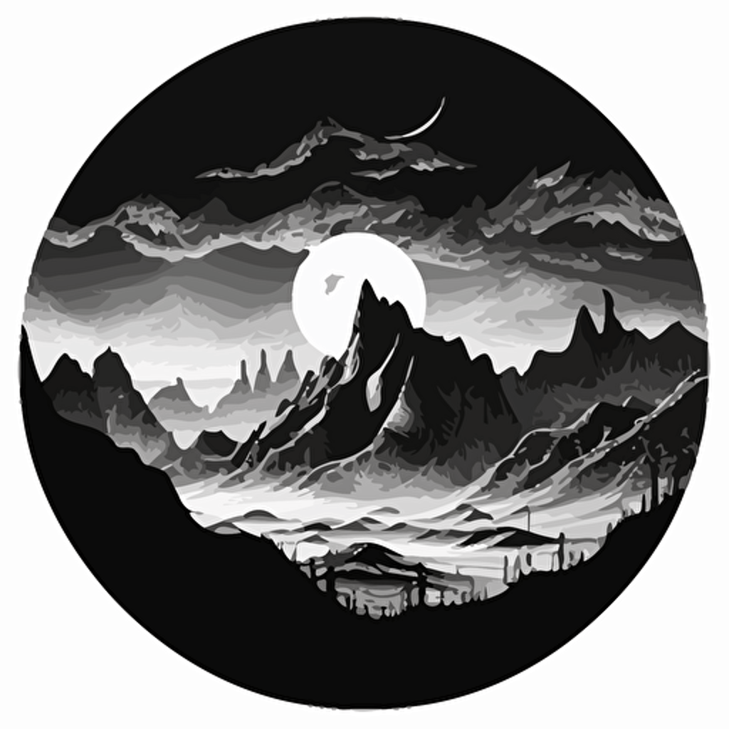fantastical mountain range drawing, monotone, single layer, no shadows, #000000, 700mm diameter perfect circle, black outer border, vector art