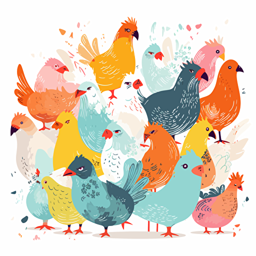adorable brightly colored chickens on a white background + doodle style + white background + simple vector + bright colors