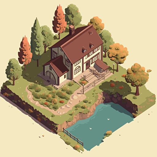 isometric vector art, house on a hill, forrest, road, long, small pool, spanish cottage