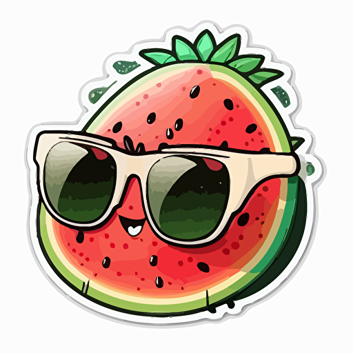 sticker, happy watermelon with sunglasses, kawaii, contour, vector, white