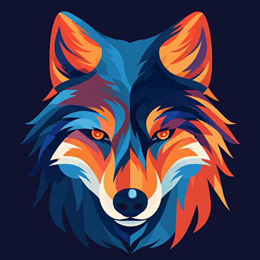 a blue and orange horizontal poster of a flat silhouette of a wolf's head. All in the style of solid flat vector illustration