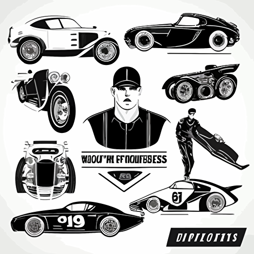sets of 9 Motor sports vectors, flat, black and white vectors, white background