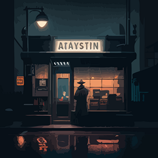 Inspired by the mysterious nature of Satoshi Nakamoto, create a vector illustration of a film noir-style detective office, with Satoshi discussing the future of cryptocurrencies with a private investigator. Set the scene on a rainy night.