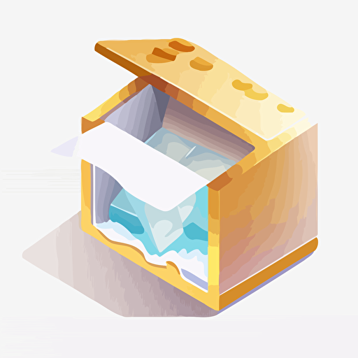 A piece of mail encased within an ice cube. flat style illustration for business ideas, flat design vector, industrial, light color pallet using a limited color pallet, high resolution, engineering/ construction and design, colored cartoon style, light indigo and light gold, cad( computer aided design) , white background