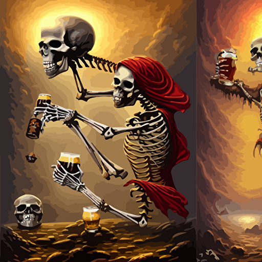 beautiful detailed illustration skeleton pirate dirking beer treasure calm island tomasz alen kopera justin gerard symmetrical features ominous magical realism texture intricate ornate royally decorated skull skeleton whirling smoke embers red adornements red torn fabric radiant colors fantasy trending artstation volumetric lighting micro details 3d sculpture ray tracing 8k anaglyph effect