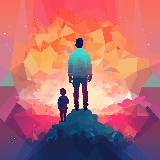 a kids album cover, vector art, silouhette, a young child sitting on top on their dad's shoulders, as they look at the sunset. perspective from the back, fun polygonal shapes in the background and pantone pastel colors, kid friendly vibes
