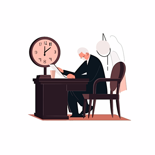 flat vector minimalist illustration of a man signing a contract in an old wooden desk in a leather black chair