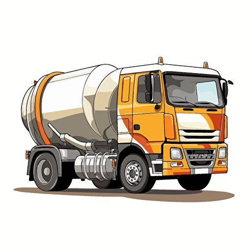 concrete mixer truck, simple forms, 2D vector style, cartoon, white background, side view