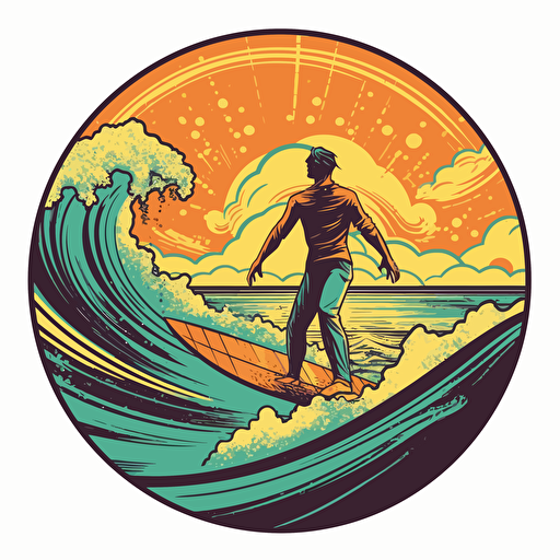 retro vector illustration, surf's up, surfer, sun setting, circle composition, 1970s, comic book style, orange and yellow and teal colours
