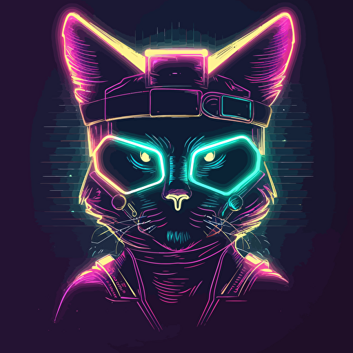simple, vectors, vector art, space cowboy cat, cyberpunk, neons, pastel lights, simple background, 2d,