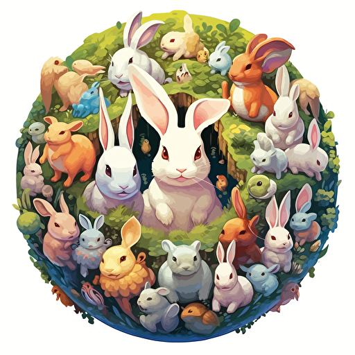 round up design with digital illustration of tiny rabbits creatures, magic world inspired by Studio Ghibli, vector illustration, intricate details, unreal engine, extremely high detailing, sharp, white background
