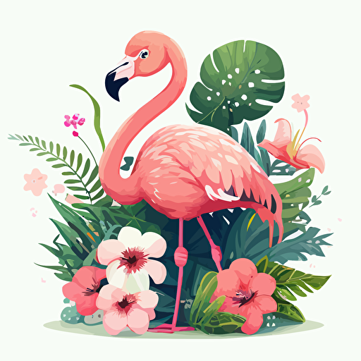cute flamingo with flowers, detailed, cartoon style, 2d clipart vector, creative and imaginative, hd, white background