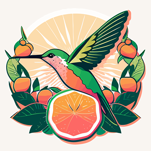 Pop Art Deco Hummingbird and tropical fruits, Vector, Logo, green, pink, orange