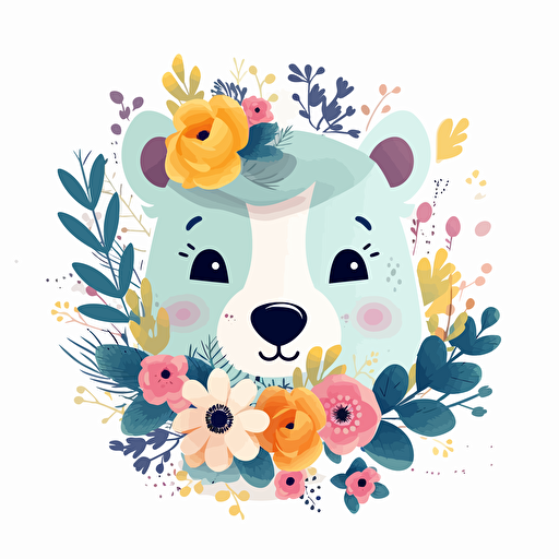 cute animal with flowers, detailed, cartoon style, 2d clipart vector, creative and imaginative, hd, white background