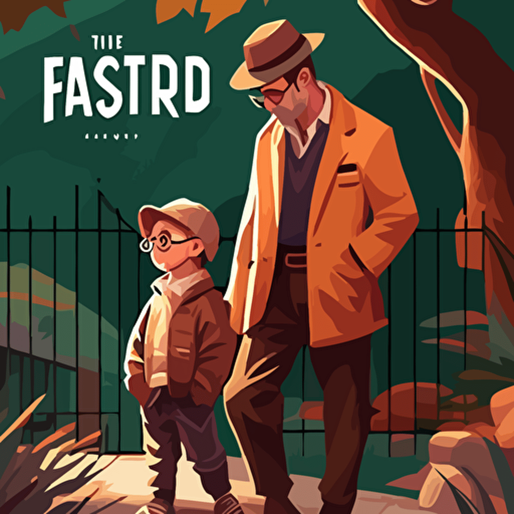 little boy visiting zoo with his father, modern clothes, children's book cover, 2d, cartoon style, vector, disney style