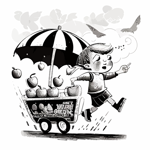 black and white vector illustration of boy flying over apple vendor's cart