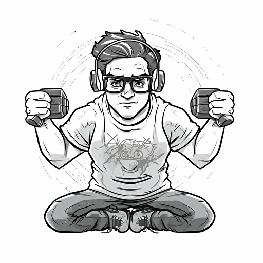 a video gamer nerd with glasses and wearing a video game headset doing dead lifts with heavy weight fighting through the pain because he knows it will make him stronger, sticker, cartoon, 2D, Vector, contour, white background, detailed, s