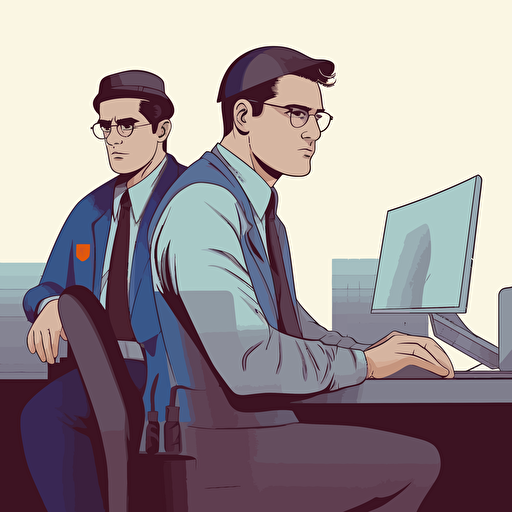clark kent and security guard with a hat, concept art, vector drawing, sitting down in front of a computer, two people, security guard looking over shoulder