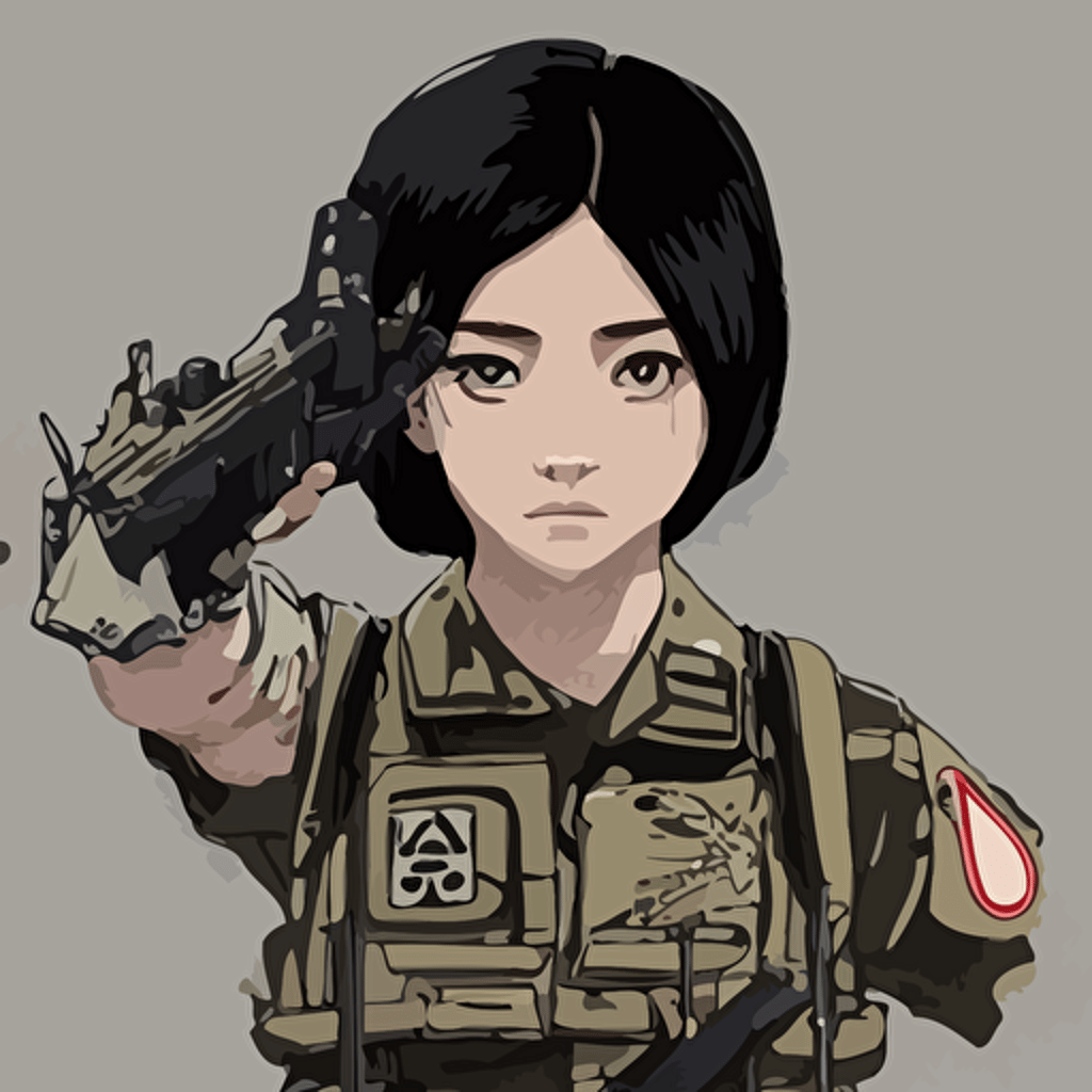 t shirt design portrait soldier girl 2022 anime style clean logo graphic templates flight squadron insignia text soldier clothing realistic military gear inspired shirt designer blender background vector line art ilya kuvshinov trending teemill symbology realistic human anatomy high resolution matte hands realistic military carrier