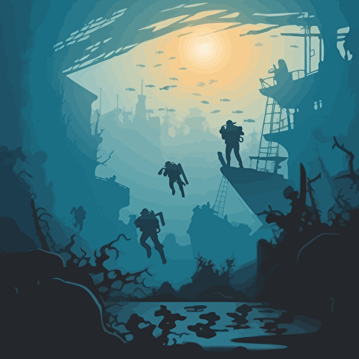 underwater with multiple scuba divers and ancient shipwreck vector image
