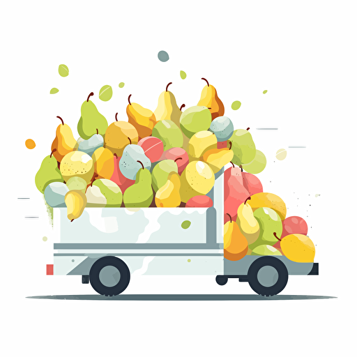 truck full of pears fruit falling out, colorfull, vivid colors, white background, vector style