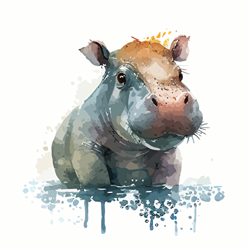 baby watercolor hippopotamus vector,comic style, white background