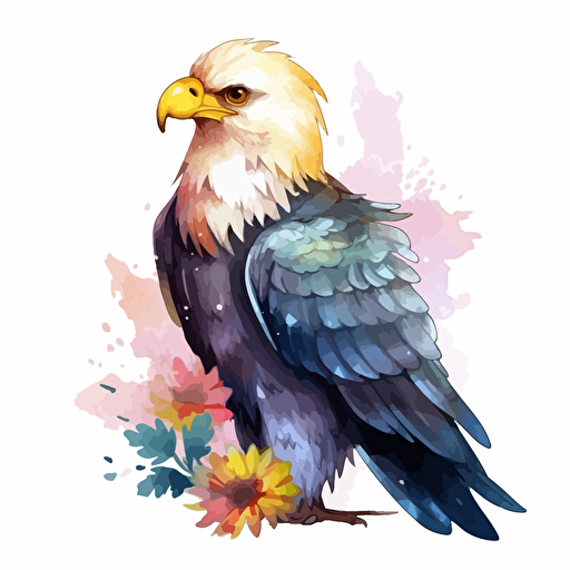 cute eagle, detailed, cartoon style, 2d watercolor clipart vector, creative and imaginative, floral, hd, white background