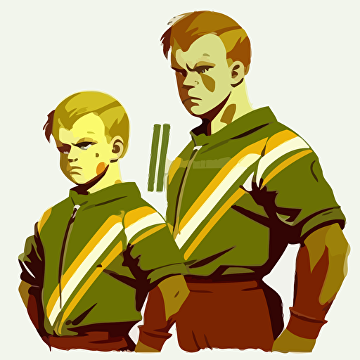 two brothers, Brozen Tundra, Siberia, looking tough,champions, wearing green and yellow, wearing an oblong brown football, sports logo style, white background, vector