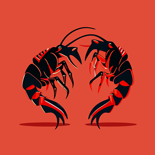 very simple logo for two dancing crayfish, red and black colors, vector flat, PNG, SVG, flat shading, solid background, mascot, logo, vector illustration, masterwork, 2D, simple, illustrator