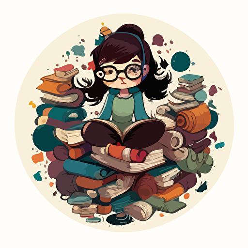 Imagine a Disney-style vector caricature of a nerdy girl sitting against a plain white background. The girl is wearing glasses and surrounded by a pile of books. The artwork is designed in a round circle format, with a whimsical and playful tone to it. 12k v 5