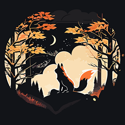 incredible looking kitsune in asain forest at night, vector logo, vector art, emblem, simple cartoon, 2d, no text, white background