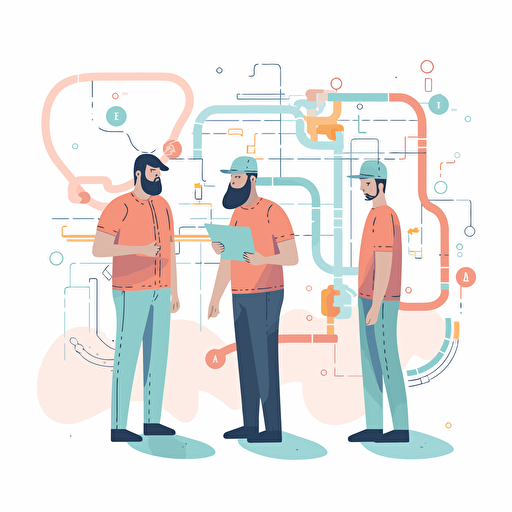 a data engineer questioning, a maintenance guy and a manager, front look, agile, minimalistic, vector, look down at data pipeline