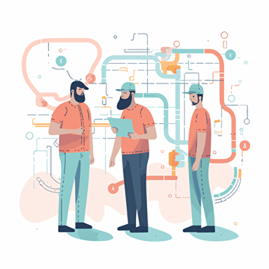 a data engineer questioning, a maintenance guy and a manager, front look, agile, minimalistic, vector, look down at data pipeline