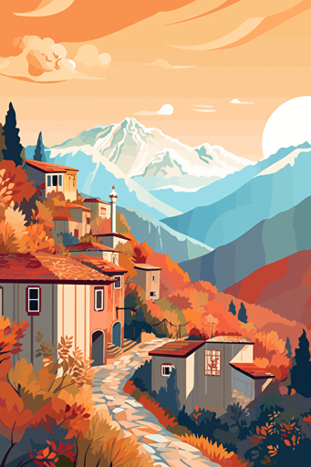 flat vector drawing, svg, a picturesque village in Turkey ::5 very detailed, intricate turkish ethnic pattern, embroidery ::1