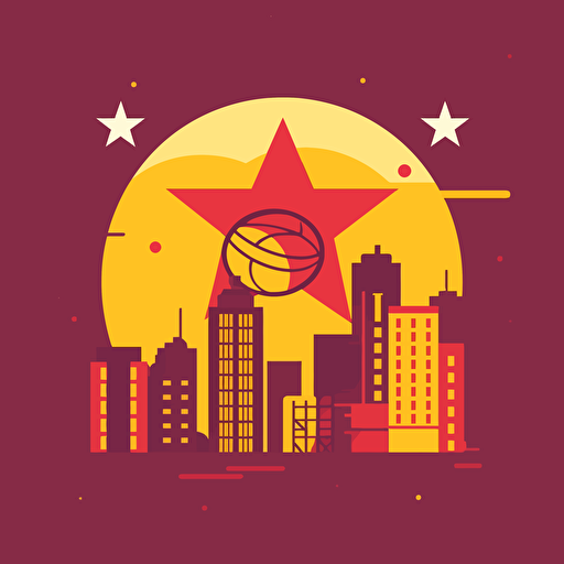 flat vector NBA Logo, Socialist realism, city skyline, burgundy and yelllow, hammer and sickle, star, basketball
