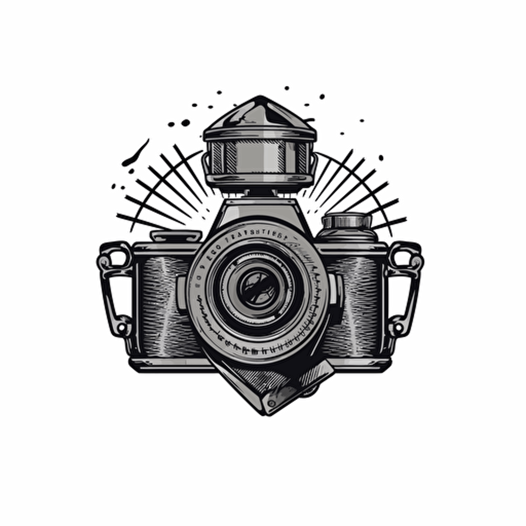 modern logo of old fashioned film camera with an ammo clip attached to it, black vector, on white background