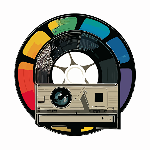 vector drawn logo, 3-1/4" floppy disk, cinema lens iris, colour wheel