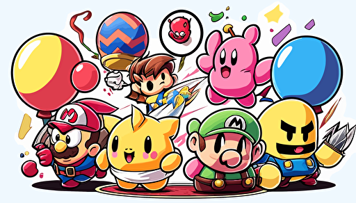 super smash bros charcters Mario, Kirby, pikachu, donky kong, link, around a birthday cake, with balloons, vector art, flat background