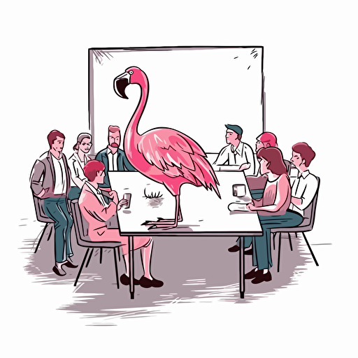 pink flamingo in the office in meeting room eith group of people. Vector cartoon doodle style, plain white background