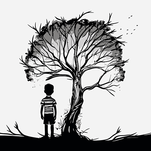tall and skinny tree, with branches that twisted and turned in every direction. Black and White vector illustration. Also a little boy looking up at the tree