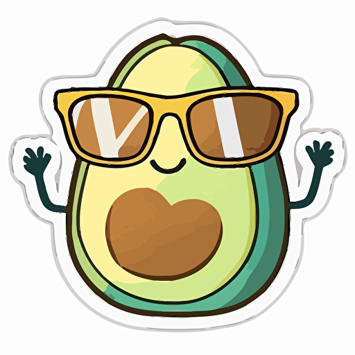 sticker, happy avocado with sunglasses, kawaii, contour, vector, white