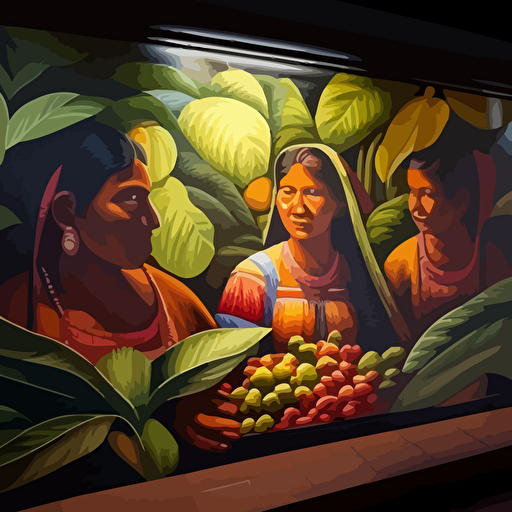 pintura mural, con campesinos amazonicos nativos cosechando uva , en vectores , luz suave ,
