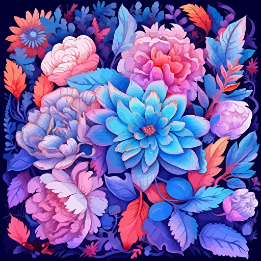 dozens of flowers, surrounded by floral motifs, 2d vector, blues and pinks, epic composition, vector design on the edges of the image