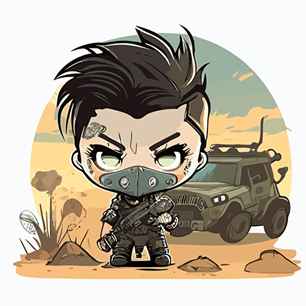 Cute post apocalyptic boy, mad max, wasteland background, chibi style, vector art, sticker