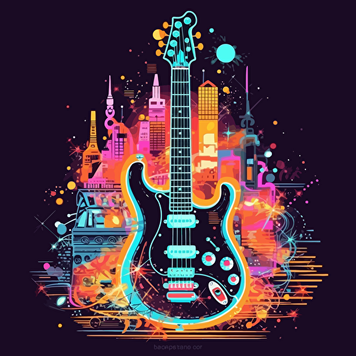 electric guitar, surrounded by elegant musical motifs, 2d vector, neon colours, epic composition, vector design on the edges of the image