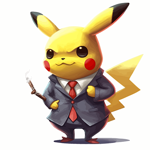 pikachu in a business suit, smoking a big cigar, vector art, 2d, white background